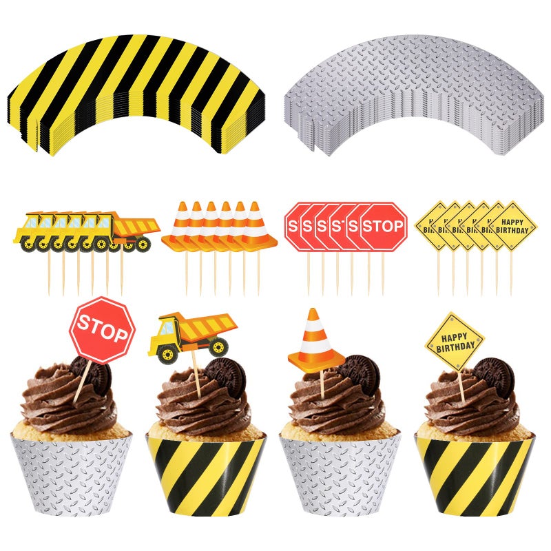 PHOGARY 24pack Construction Cupcake Toppers and Wrappers, 24-Piece Construction Zone Cupcake Baking Supplies, Kids Birthday Party Favors for Cake and Muffin Decorations - Image 1